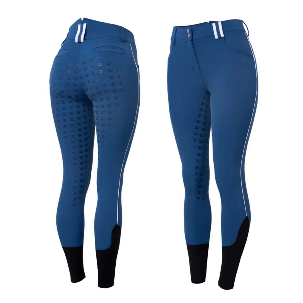 Women's Equinavia Blue Silicone-Grip Riding Leggings With White Piping